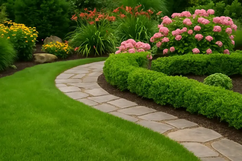 Stone walkway beside a colorful flower bed with trimmed edges