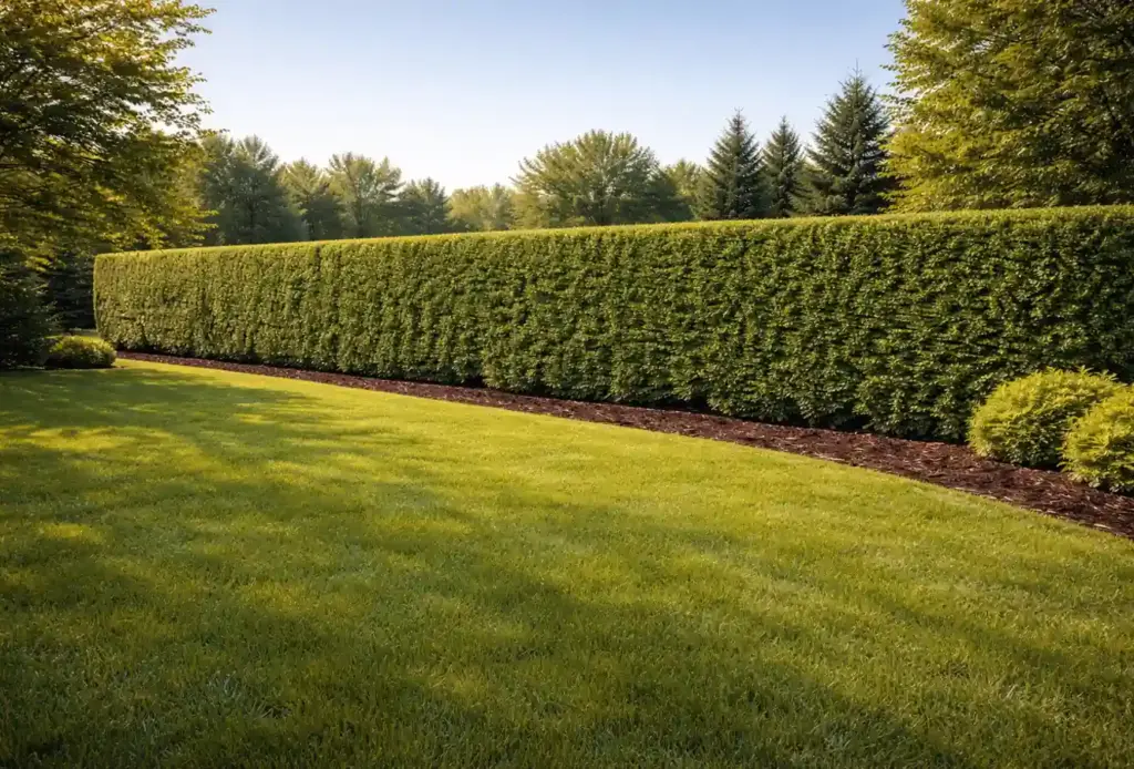 Long, neatly trimmed hedge bordering a mowed lawn