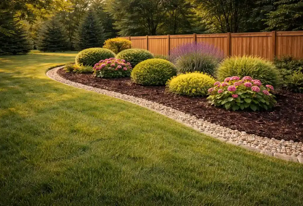 Neatly mulched landscape bed with rounded shrubs and flowers