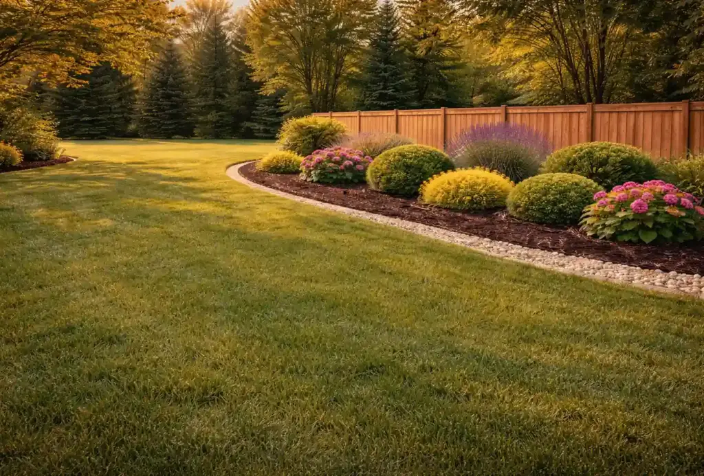 Wide lawn with clean edge and mulched planting bed along fence