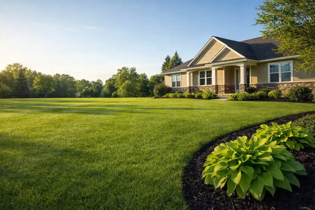 Large mowed front yard with landscaped bed near a home