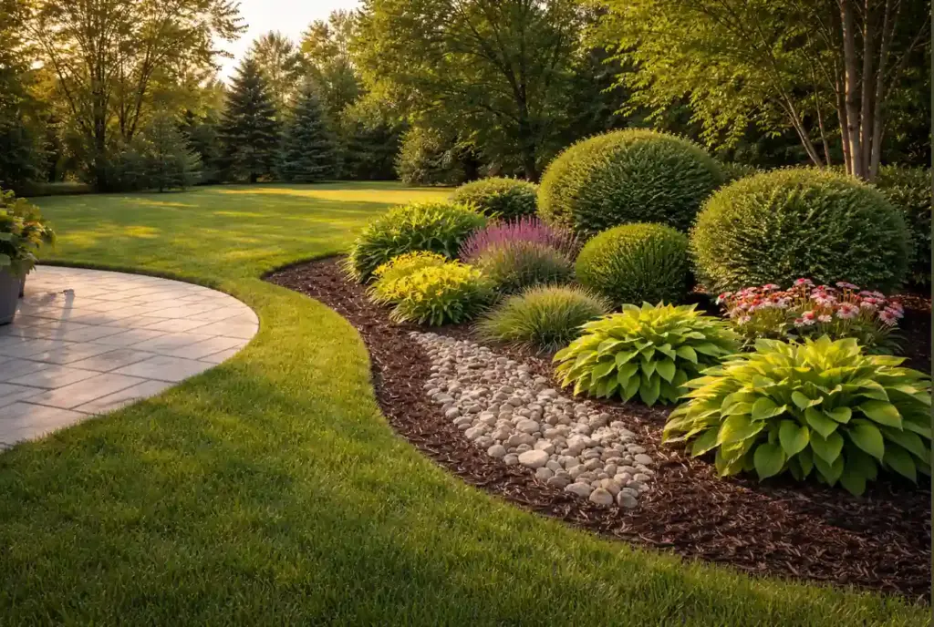 Curved rock-and-mulch bed with shrubs for curb appeal