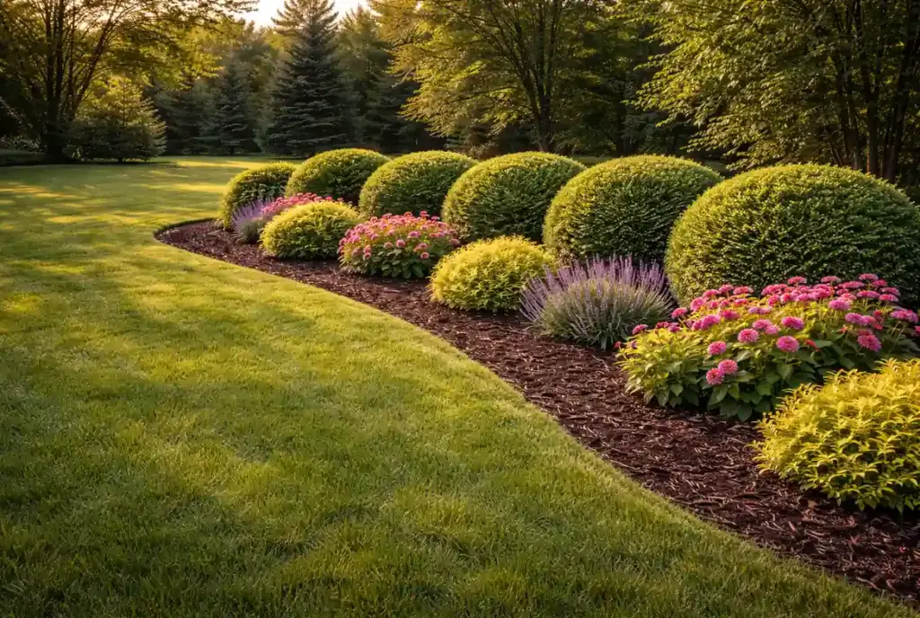 Curved mulch bed with shrubs and a tidy, polished finish